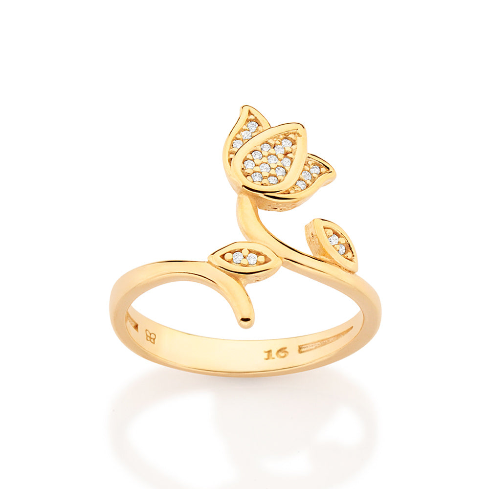 Rommanel Anel skinny flor tulipa banhado a ouro 18K com zircônias 513588
