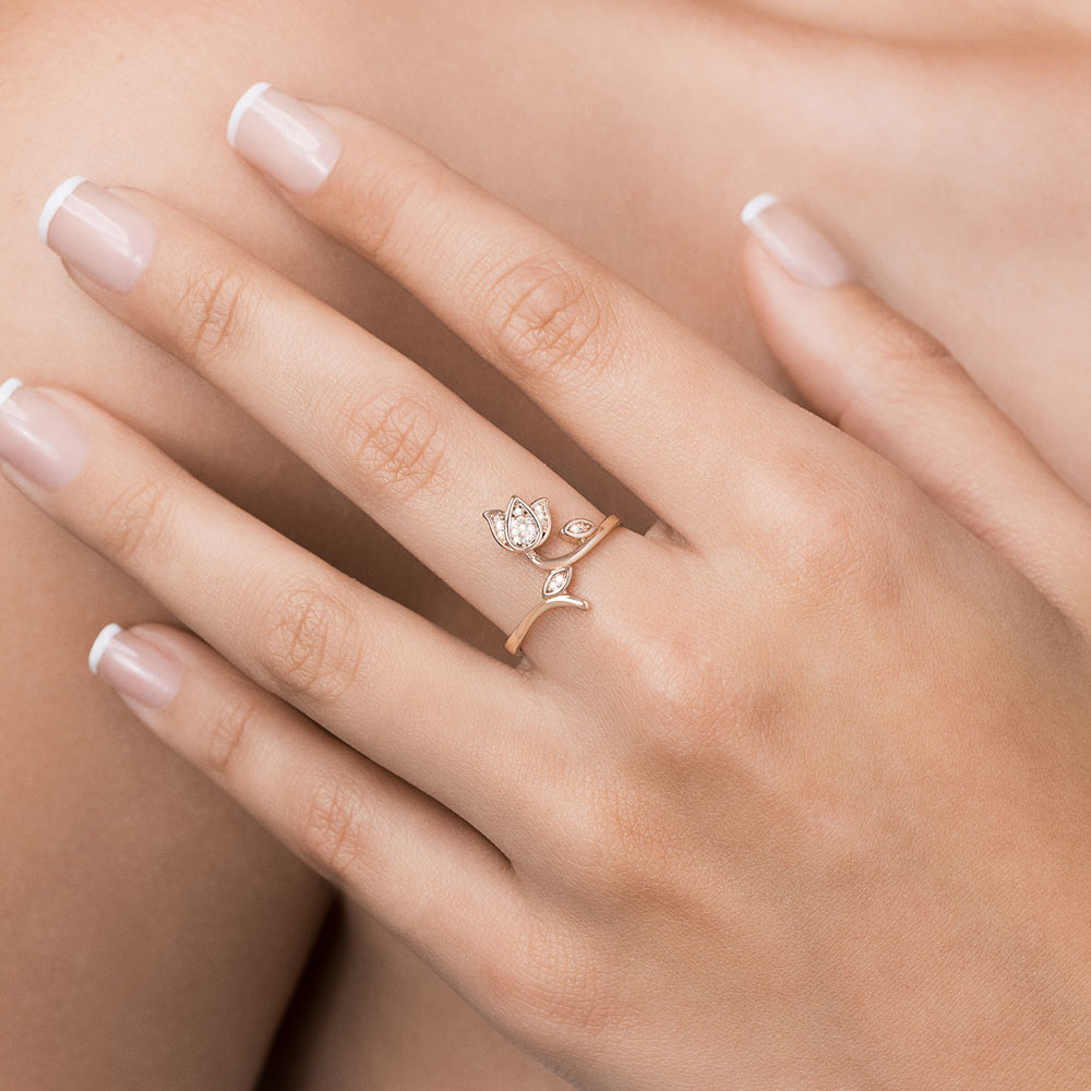Rommanel Anel skinny flor tulipa banhado a ouro 18K com zircônias 513588