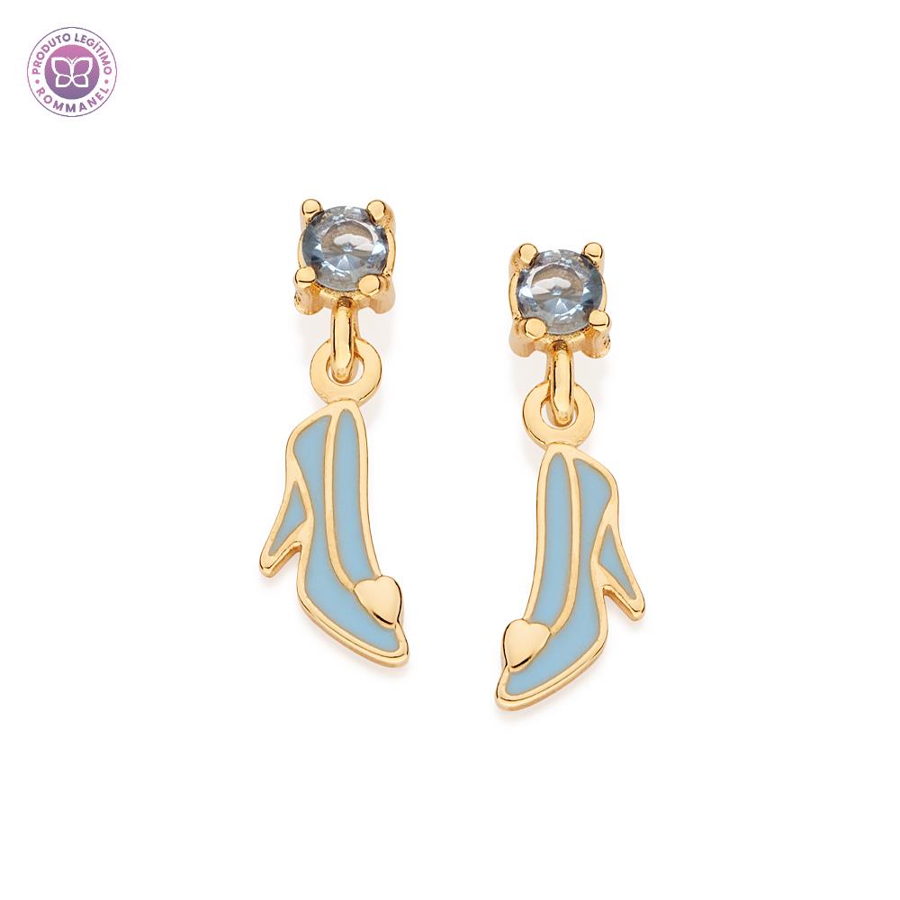 Rommanel Brinco sapato Cinderela banhado a Ouro 18K com zircônias e aplicação de resina azul 5272930003 infantil
