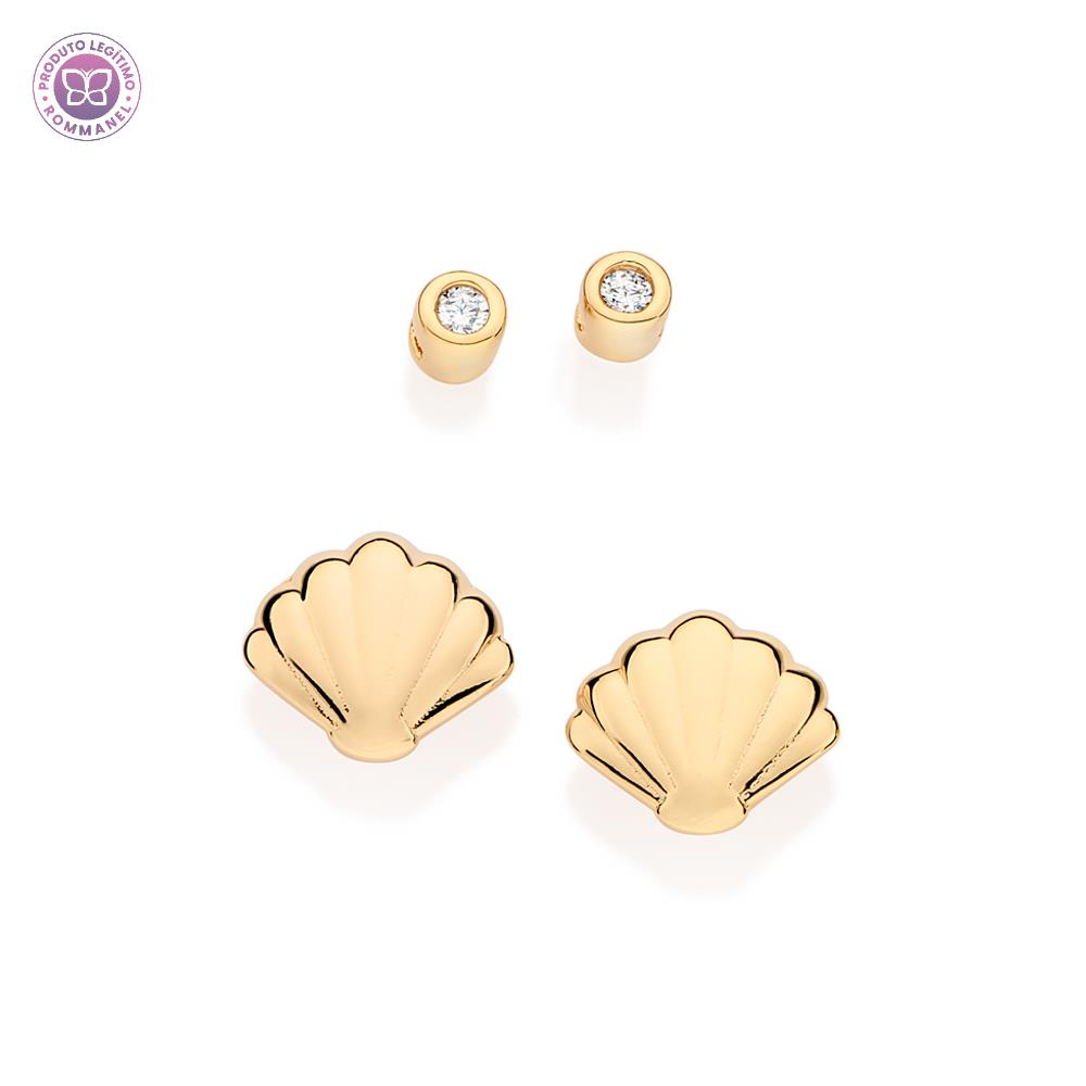 Rommanel Kit brinco solitário e concha banhado a Ouro 18K com zircônias 5272950006 infantil