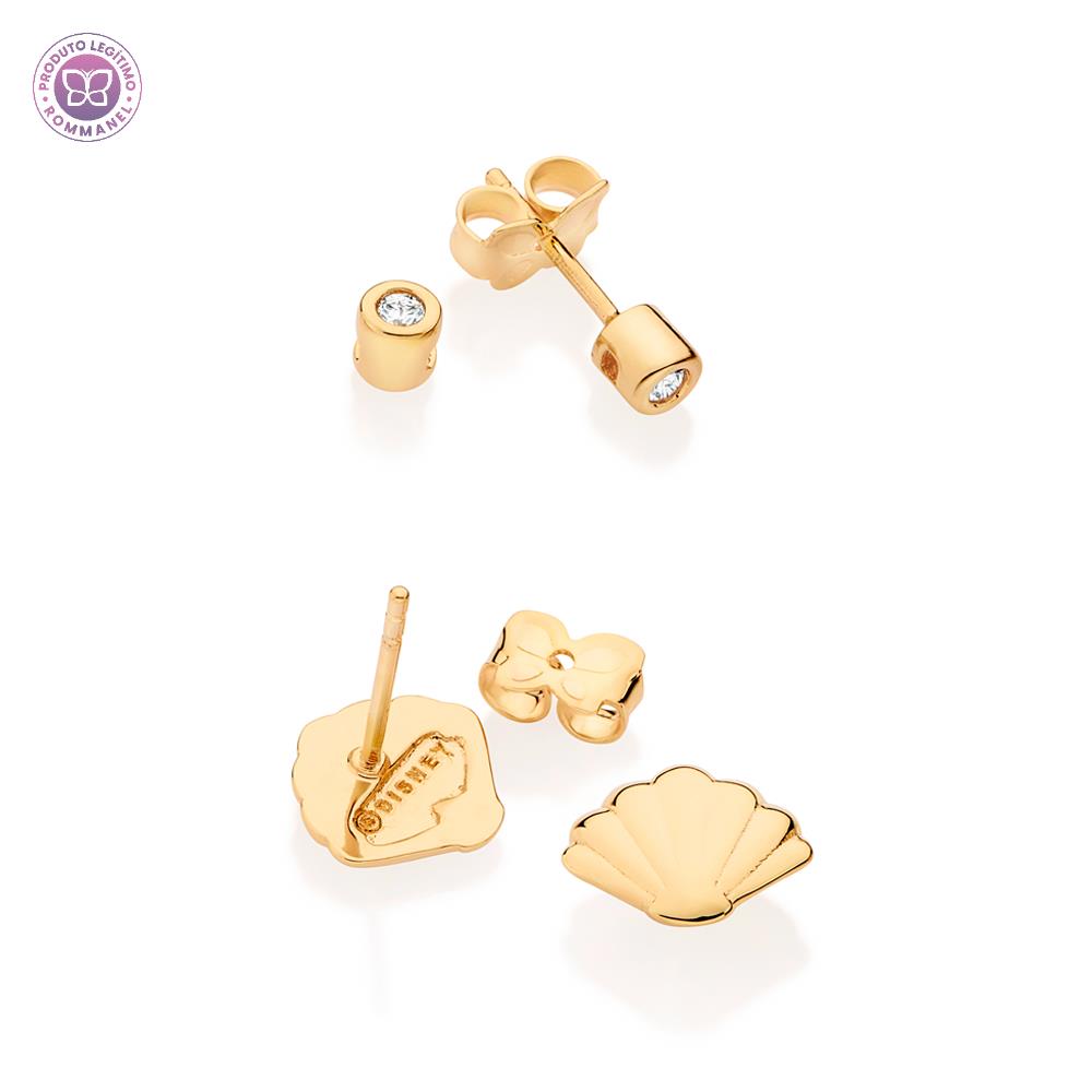Rommanel Kit brinco solitário e concha banhado a Ouro 18K com zircônias 5272950006 infantil