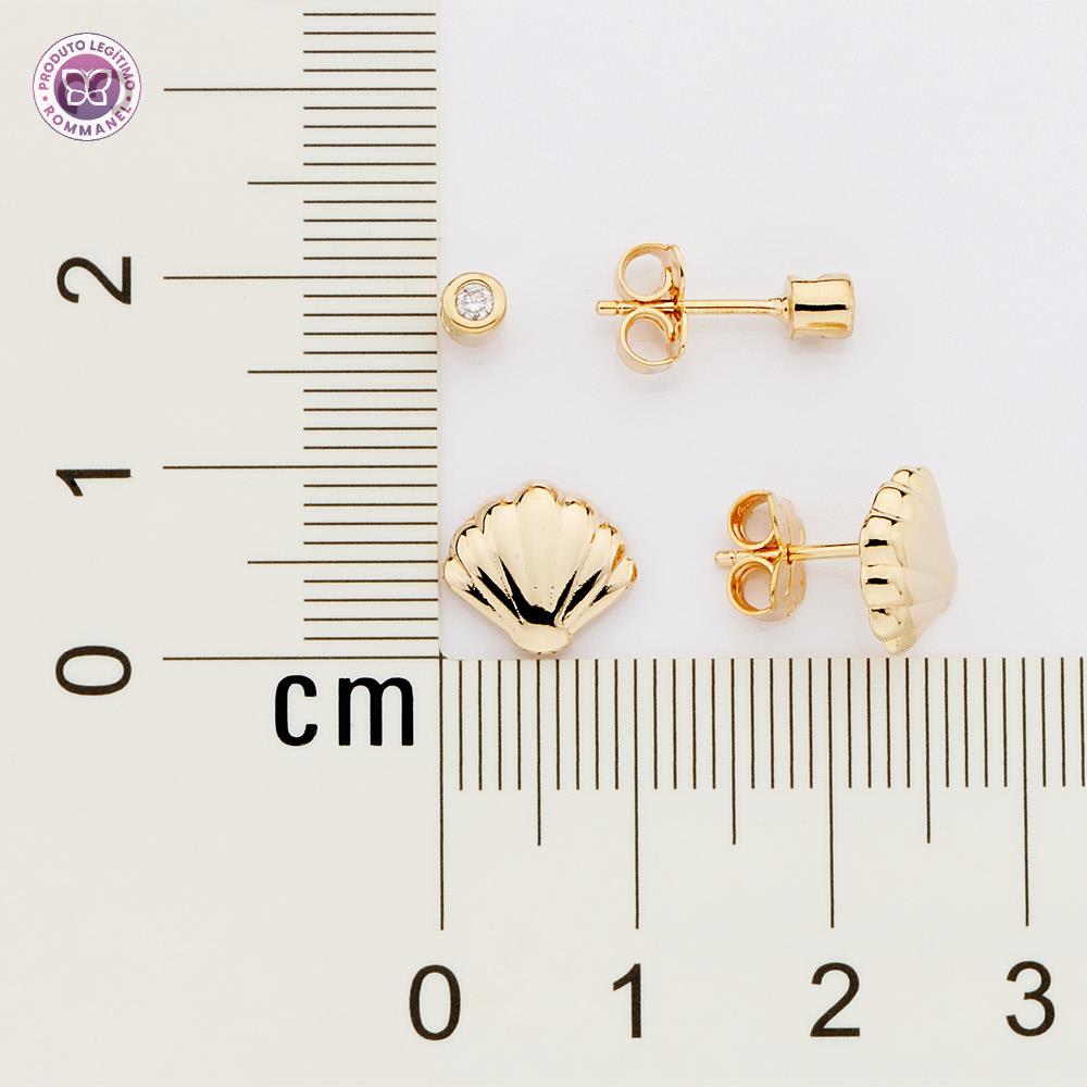 Rommanel Kit brinco solitário e concha banhado a Ouro 18K com zircônias 5272950006 infantil