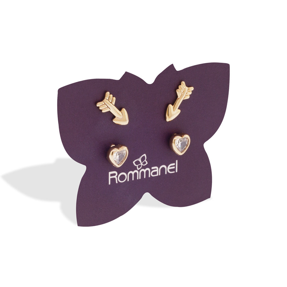 Kit brinco Rommanel flecha e solitário coração banhado a Ouro 18K com zircônias Tam Único 5274880006