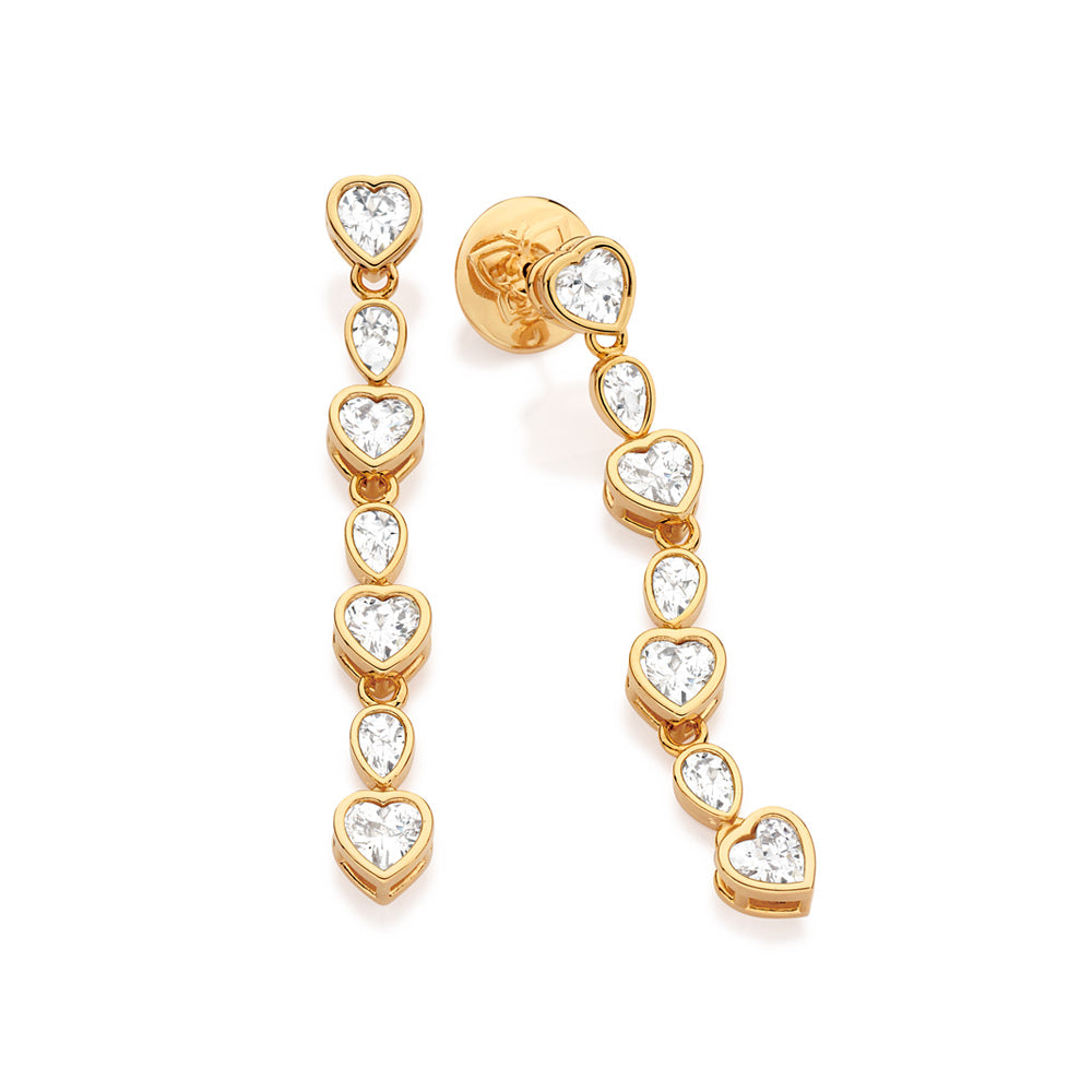 Brinco Rommanel pêndulo corações e gotas banhado a ouro 18K com zircônias brancas Tam Único 5274930006