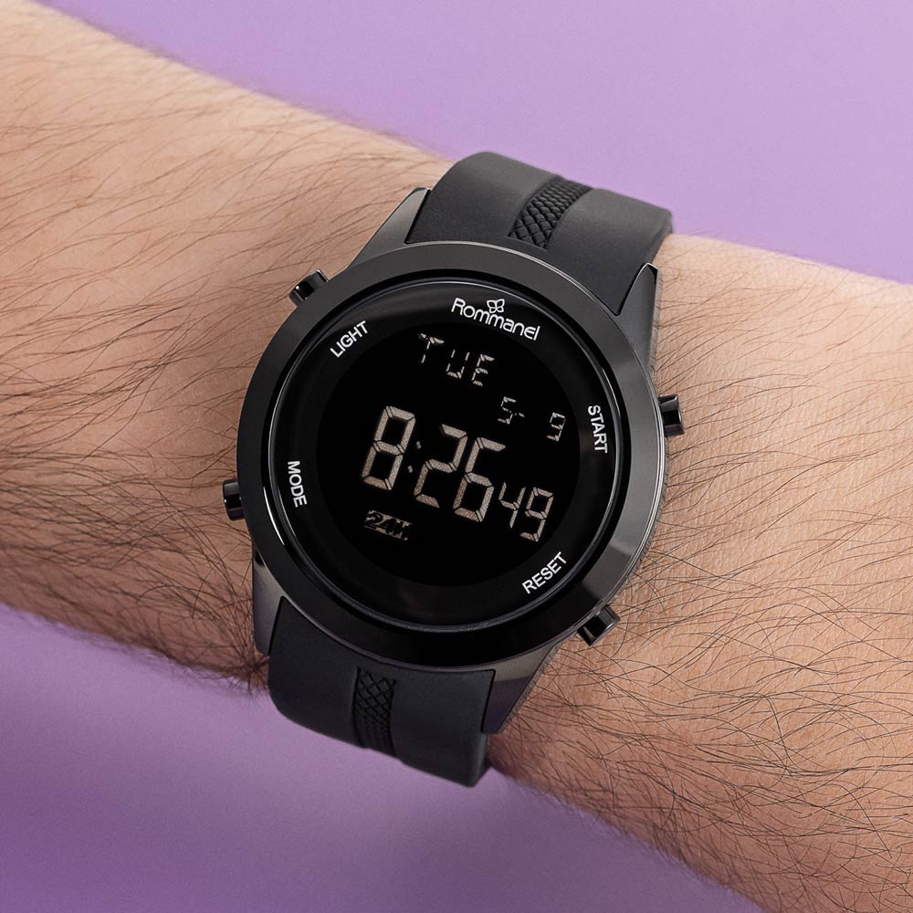 Relógio Rommanel digital LCD preto ajustável 6500330000