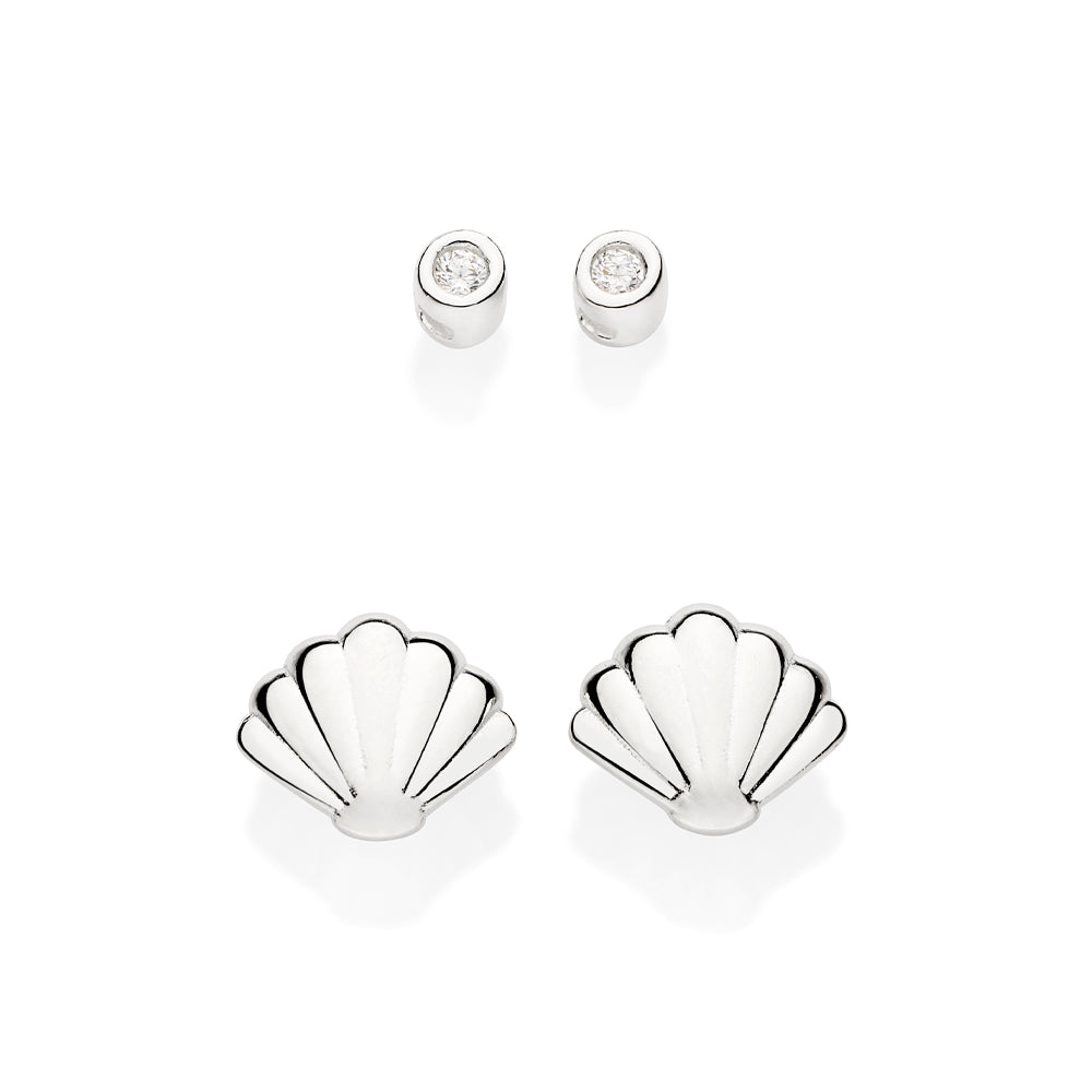 Kit brinco Rommanel solitário e concha Prata 925 com zircônias Tam Único 8201630006
