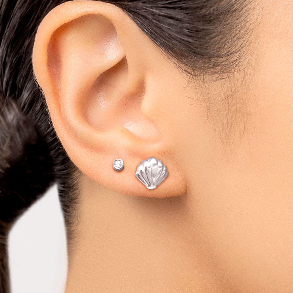 Kit brinco Rommanel solitário e concha Prata 925 com zircônias Tam Único 8201630006